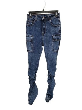 Dark Blue Cargo Denim Side Ruched Jeans - Women
